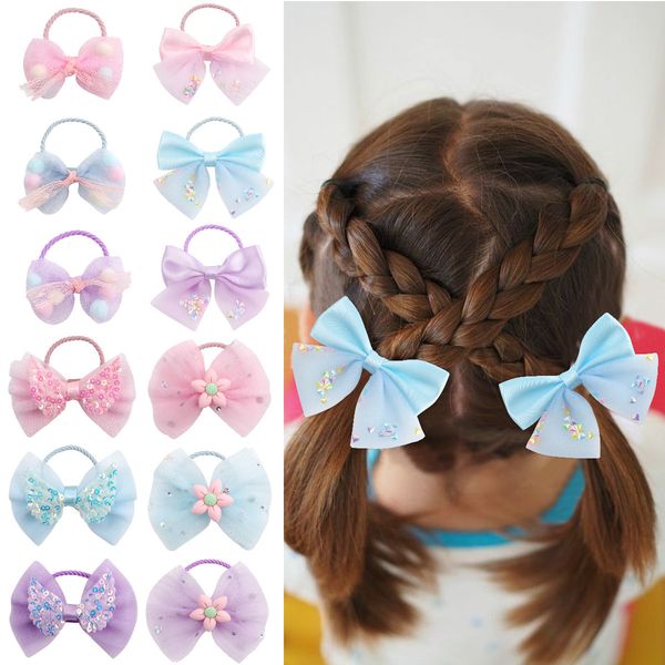 

elastic hairbands ribbon hair ties girl children summer solid candy color mesh bows colorful hair scrunchies hair rope accessories 1774, Slivery;white