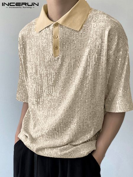 

men's casual shirts casual simple style incerun men's lapel sequin blouse stylish male party short sleeve button shirts s-5xl 230, White;black