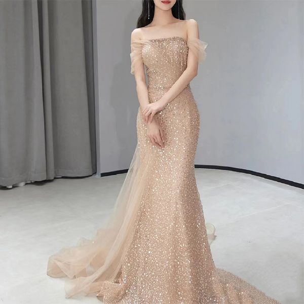 

champagne sequined evening dresses tassel strapless trailing mermaid woman party beaded off shoulder luxury formal prom gowns 2023, Black;red