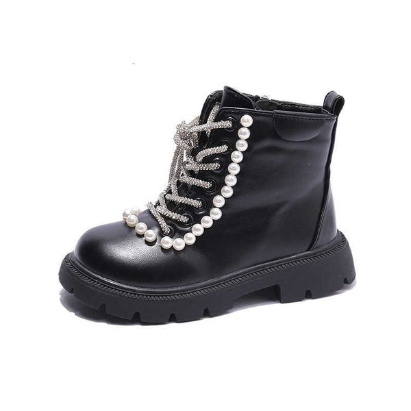 

girls' martin boots 1 autumn and winter little girls' princess short boots plush fashion sweet pearl cotton boots soft sole leathe, Black