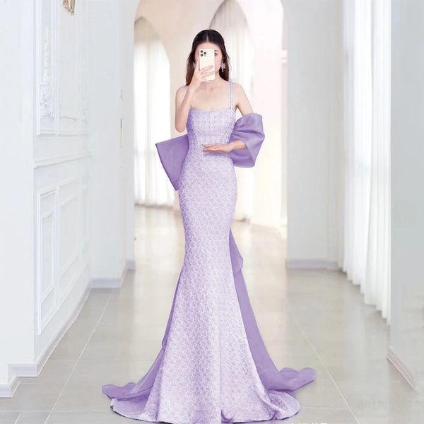 

purple mermaid evening dresses violet tulle long spaghetti strap pleats bow tailing formal arabic women prom party gown high-end, Black;red