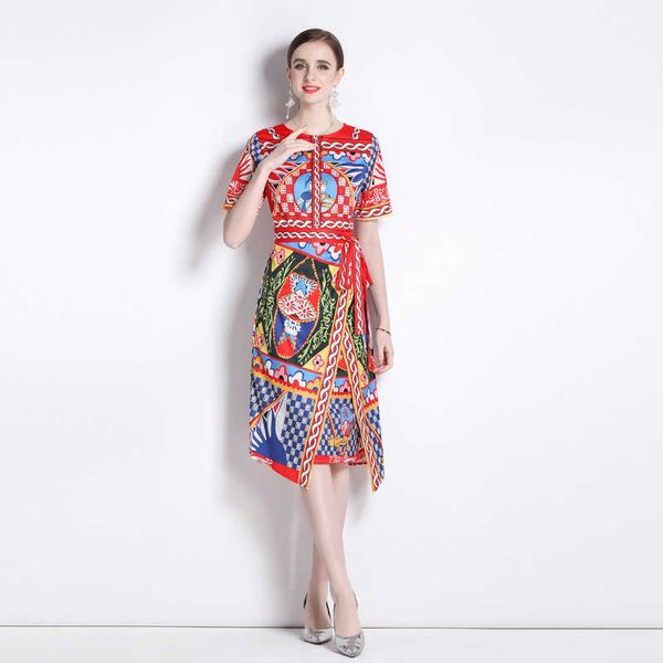 

women's casual dresses temperament round-neck printed color waistband tie shows thin irregular a-line short-sleeved dresses for women, Black;gray