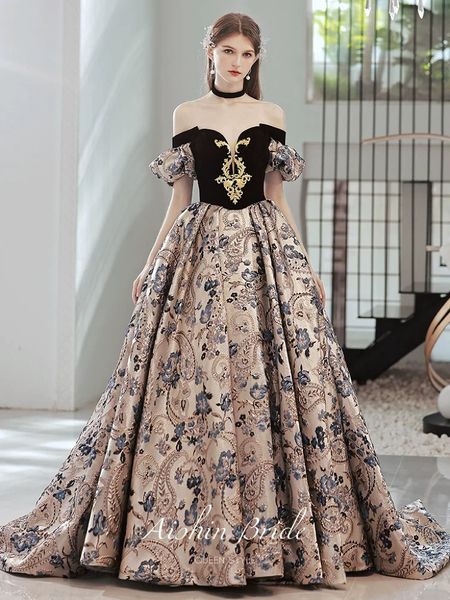 

elegant evening dresses jacquard satin print applique splice color vintage flower a-line off shoulder detachable sleeve formal party gowns, Black;red