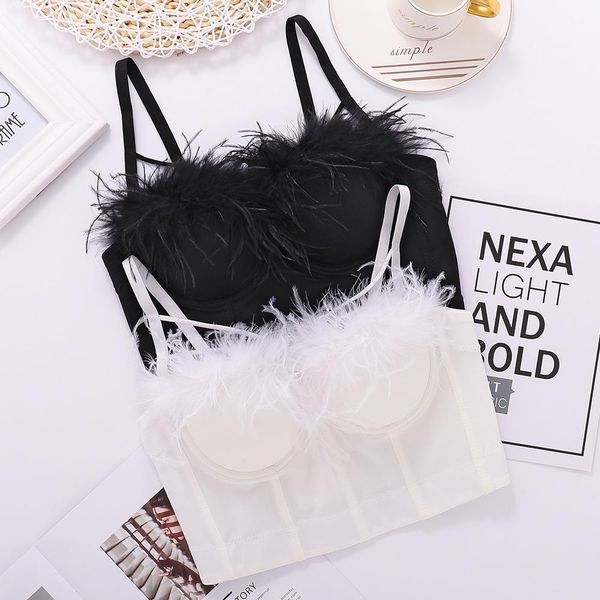 

t-shirt new women feather camisole underwear backless cropped tube corset fashion bustier bra night club party tank y1379, White