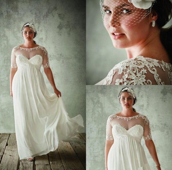 

fashion plus size wedding dresses with half sleeves sheer jewel neck a line lace appliqued bridal gowns chiffon empire waist weddi4949118, White