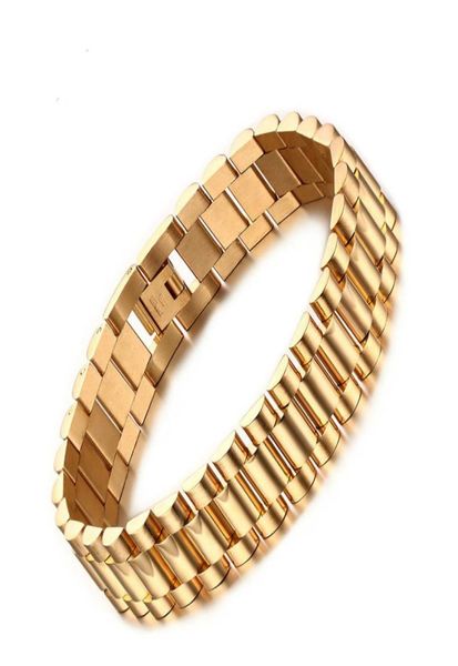 

15mm luxury men watch band bracelet gold plated stainless steel strap links cuff bangles jewelry gift 22cm5440517, Black