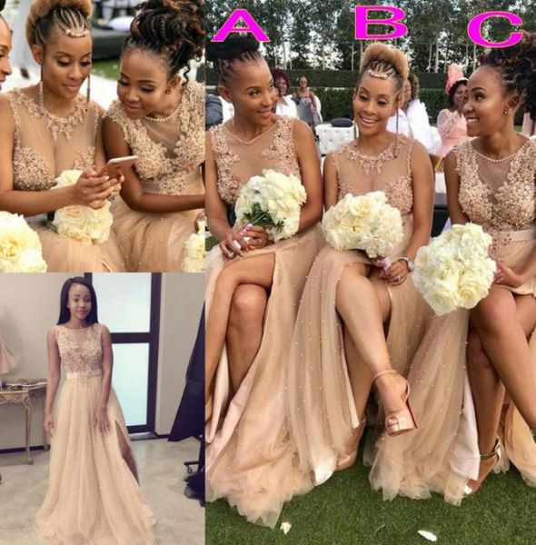 

african split front bridesmaid dresses with sash sheer neckline jewel pearl beads tulle wedding party gowns tulle maid of the hono8745225, White;pink