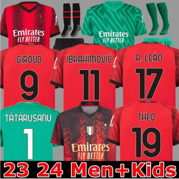 

giroud ibrahimovic 23 24 home soccer jerseys tomori origi r.leao lazetic kalulu 2023 2024 tonali a.rebic theo brahim men kids set ac milans, Black;yellow