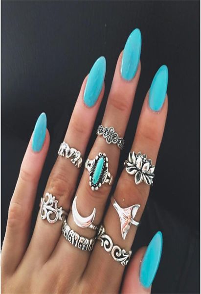 

9piecesset joint ring for women wide index finger bohemian rings retro totem carved geometric rings with elephant fishtail6314068, Golden;silver