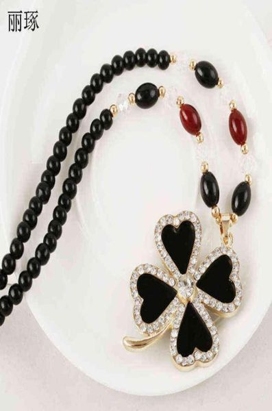 

korean fashion lucky fourleaf clover pendant long necklace female inlaid crystal zircon with beaded jewelry2542836, Silver