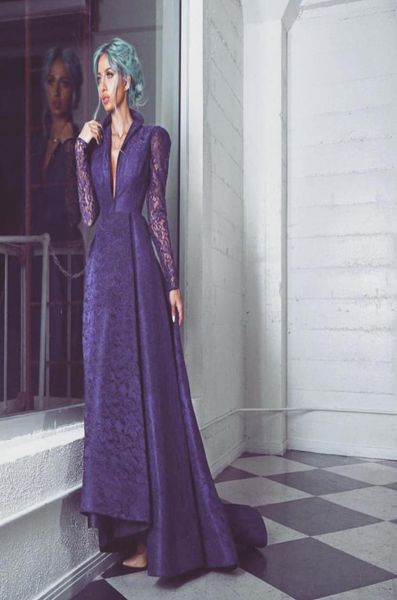

2017 vintage prom dresses purple stand collar v neck lace over satin evening gowns with sheer long sleeves4959526, Black