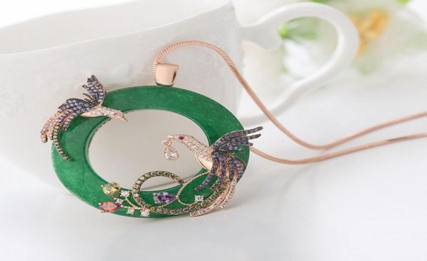 

18k silver gold chain women wedding jewelry round faux jade double full shining rhinestone phoenix birds pendant necklace tm8428886