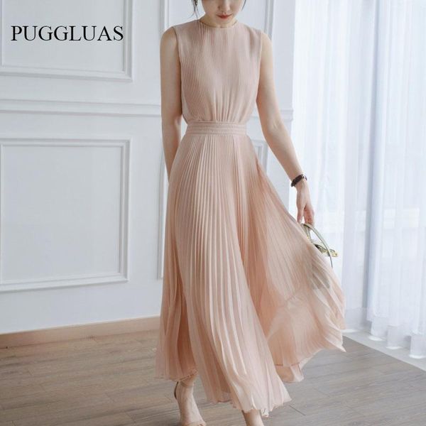 

dresses summer elegant pink dress fashion temperament romantic gentle and sweet pleated sleveless dresses high waist women's vest dress, Black;gray