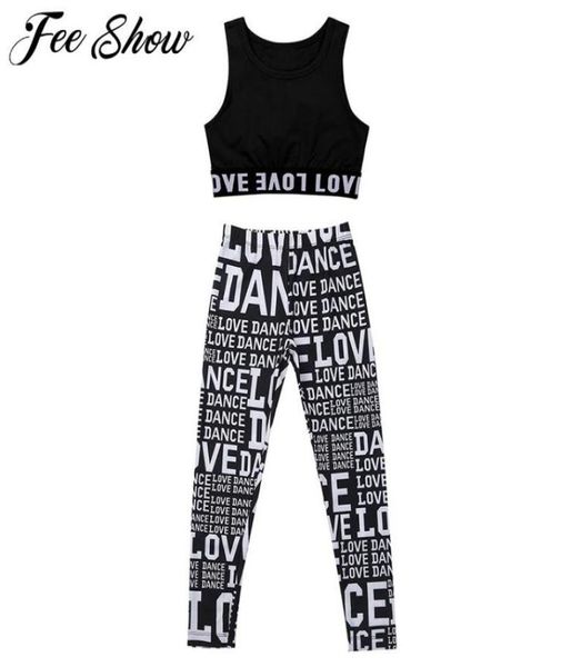 

girls ballet dance gymnastics leotard gym workout athletic outfit letter printed sleeveless oneck tanks crop with leggings4069104, White