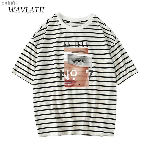 

wavlatii women fashion printed new t shirts female classical striped oversized soft tees short sleeve for summer wt2270 l230520, White;black