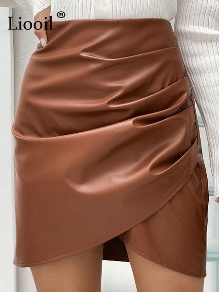 

capris liooil asymmetrical faux leather ruched mini skirt office lady new streetwear high waist black brown bodycon aline skirts, Black;white