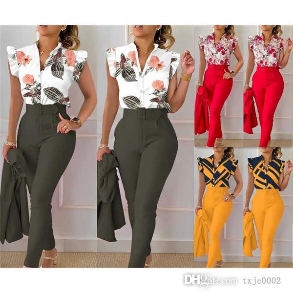 

2023 new women two pieces pants set designer fashion printed ruffle short sleeve blouses shirts suit with belt, White