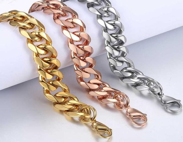 

bracelets for men rose gold silver color curb cuban link chain stainless steel bracelet mens jewelry gifts 14mm hkbm255224456, Black