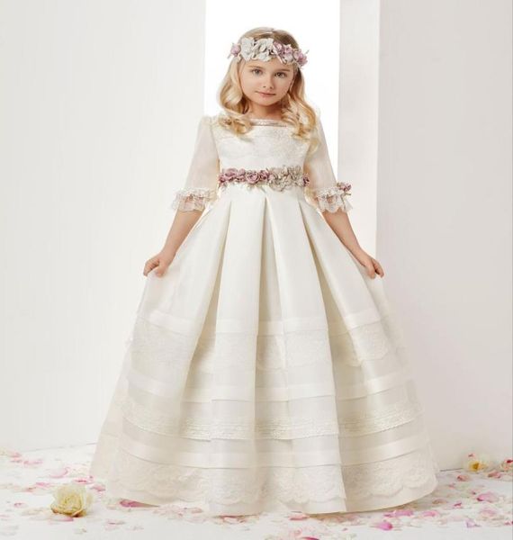 

ivory half long sleeve flower girl dresses jewel neck lace applique ruffles girls pageant gowns children a line kids prom party dr5697890, White;blue