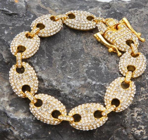 

13mm coffee bean pig nose zirconial bracelet full iced out hip hop wrist jewelry accessories charm gift for men women52476719651427, Golden;silver