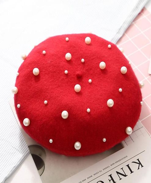 

new woman imitation pearl french pairs beret hat tuque pour femme winter black red yellow pink wool berets caps for women 2010194928201, Blue;gray
