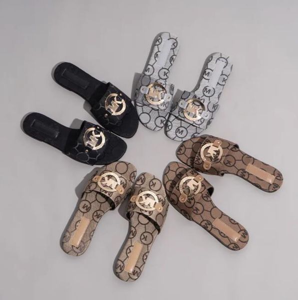 

Embroidered Metallic Slide Sandals Designer Slides Women Slippers Fashion Letter Flat Sandal Casual Beach Slipper Flip Flops Female Summer Low Heel Shoes, Brown