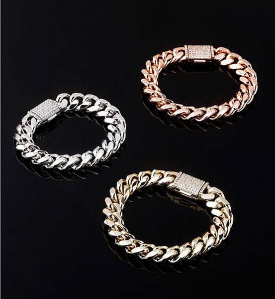 

whosmens cool 10mm 12mm 7inch 8inch gold silver rosegold 316l stainless steel cuban bracelets cz zircon box lock bracelet4722190, Black