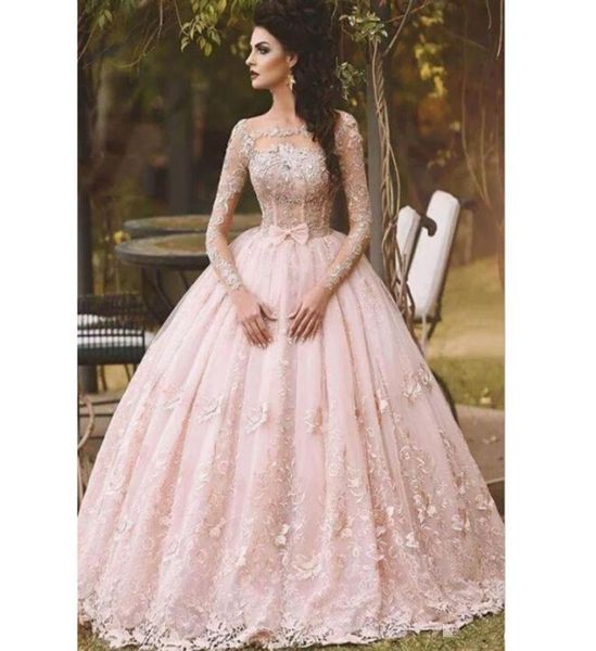 

2019 blush pink long sleeves prom dresses 3d floral floor length ball gown arabic hijab muslim dubai occasion evening formal dress5516516, Black;red