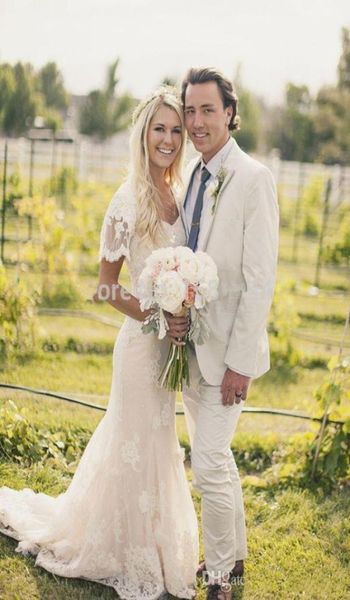 

vintage lace applique country boho mermaid wedding dresses 2020 modest short sleeve vneck full length fishtail bridal dress7171297, White