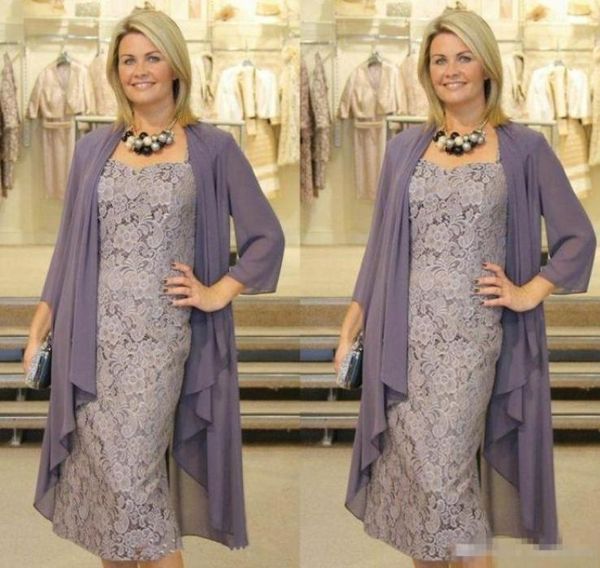

elegant tea length short sheath lace mother of the bride dresses with chiffon jacket long sleeves evening dress custom made mother7344896, Black;red
