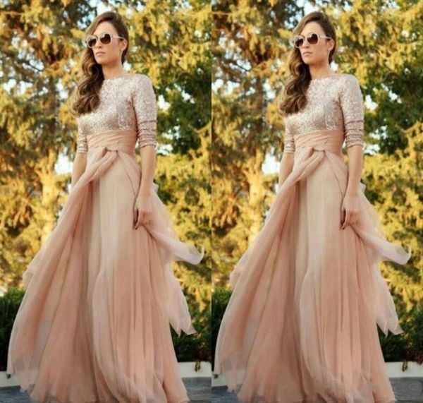 

2019 sparkly blush chiffon bridesmaid dresses crew long sleeve sequins ruffles floor length maid of honor dress custom 6356178, White;pink