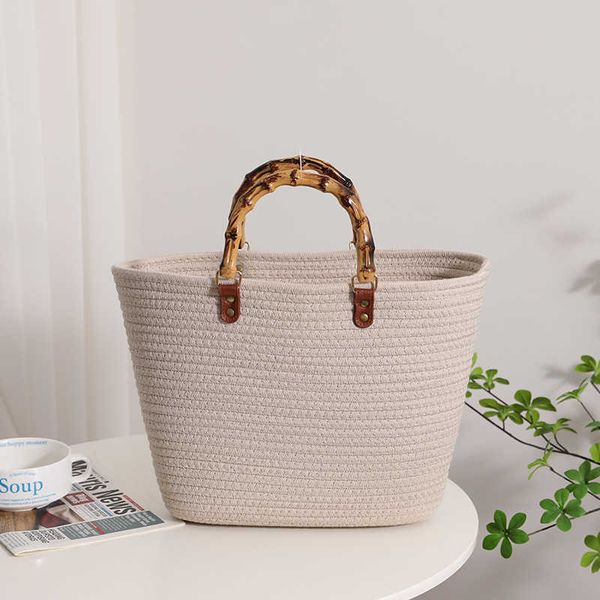 

large capacity hand-woven cotton thread tote bag design striped pattern bamboo handle handbag summer bohemian beach straw 230424