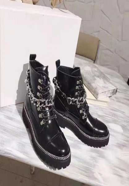 

woman paris fashion show catwalk combat army chain boots bal new main black round toe laceup chain strap ankle boots sho1063963