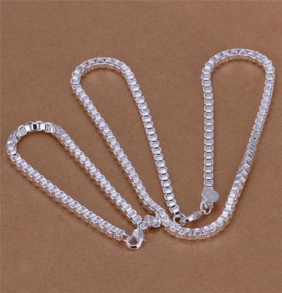 

fashion men039s jewelry set 925 sterling silver plated 4mm box chain necklace bracelet 1586022