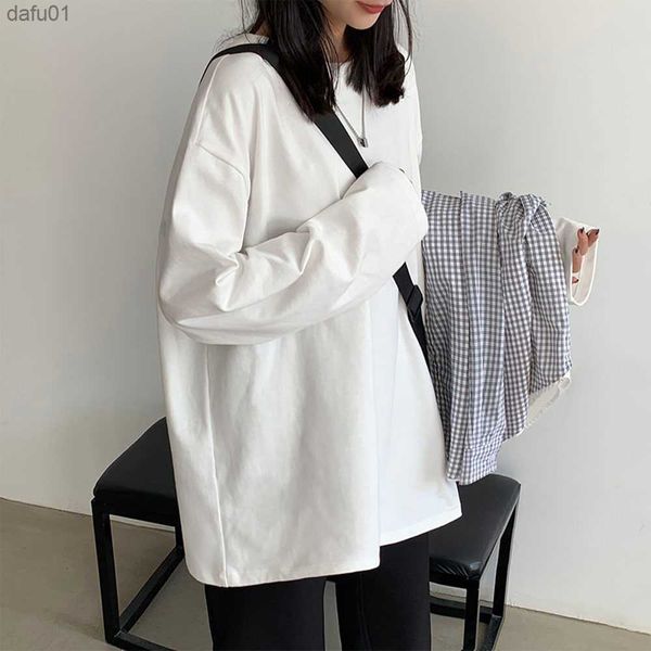 

100% cotton t-shirt women autumn long sleeve loose casual o-neck tees shirt street fashion new basic woman tshirts clothing l230520, White;black