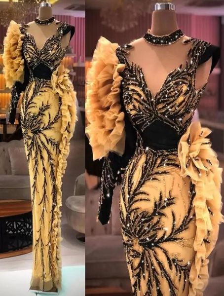 

2022 plus size arabic aso ebi pink luxurious mermaid prom dresses pearls long sleeves sheer neck evening formal party second recep2409310, Black