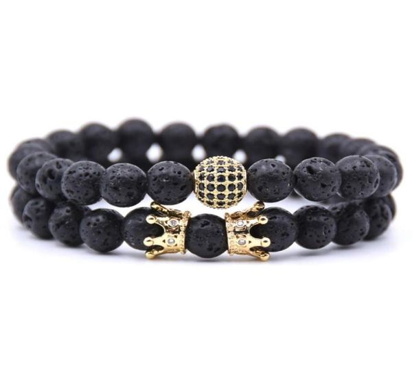 

new fashion couple bracelet 2 piece sets men jewelry 8mm natural lava stone microinlay zircon crown charm bracelets for women3799767, Golden;silver