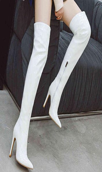 

patent leather thigh high boots women high heels over the knee boots for women point toe white red fetish party long shoes g18074589, Black