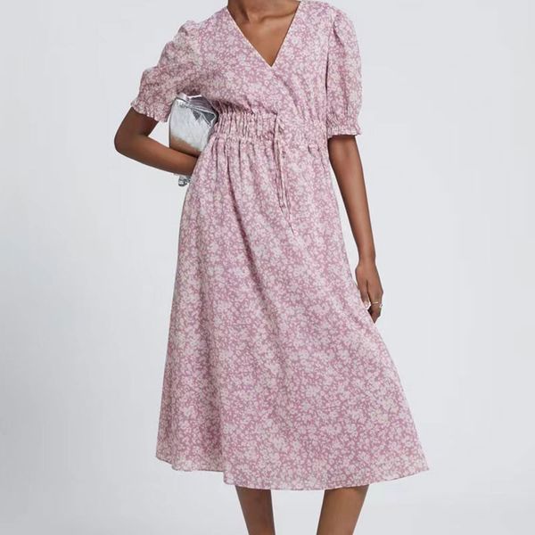 

2023 designer party dressv neck cotton drawstring waist wrapped bubble sleeve fragmented flower print mid length dress, Black;gray