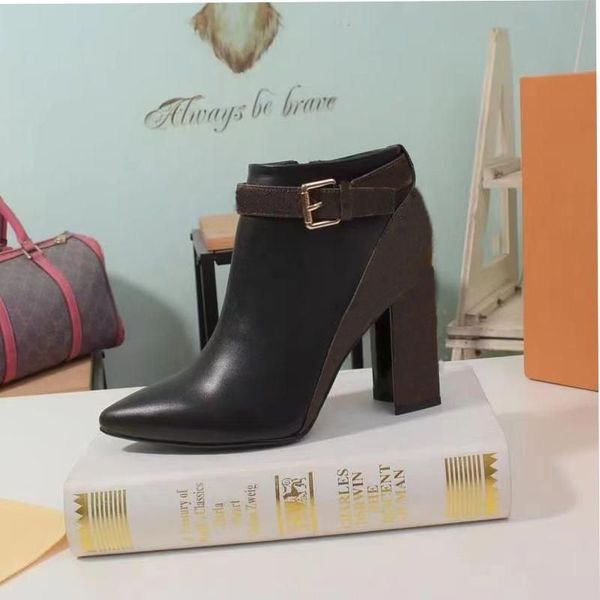 

classic designer woman boots cowhide zipper metal buckle ankle boot 100% leather lady high heels autumn winter thick heel women shoes letter, Black