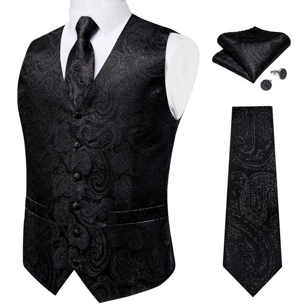 

pants black paisley silk suit vest set for men neck tie pocket square cufflinks wedding party tuxedo male blazer waistcoat