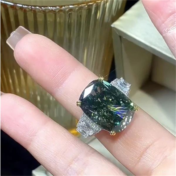 

huge 10ct green moissanite diamond ring 100% real 925 sterling silver party wedding band rings for women men engagement jewelry, Slivery;golden