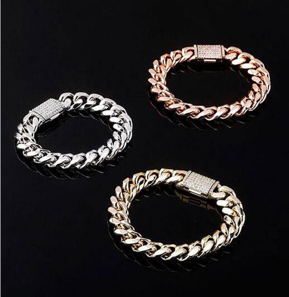 

whosmens cool 10mm 12mm 7inch 8inch gold silver rosegold 316l stainless steel cuban bracelets cz zircon box lock bracelet9074625, Black