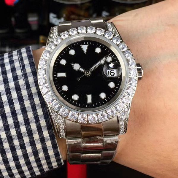 

black watch automatic mechanical movement men wristwatch bezel diamond business wristband, Slivery;brown