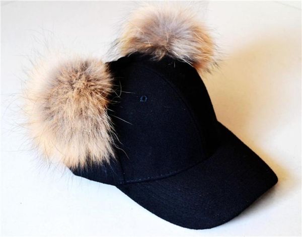 

cotton baseball cap with two pom pom faux fur hats adjustable snapback hat caps 1932709, Blue;gray