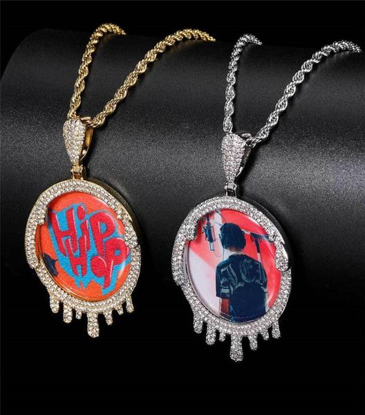 

latest hip hop iced out round water drop custom po frame pendant necklace micro inlaid zircon personality creative diy jewelry3519211, Silver