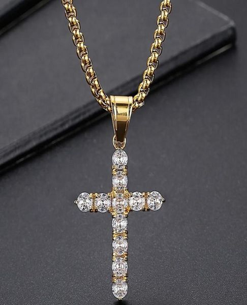 

chains luxury gold plated stainless steel amp cz cross pendant necklace for men women with 60cm box chain men39s party choker5518344, Silver