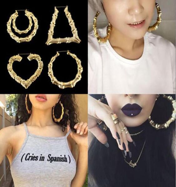 

fashion luxury big hoop huggie heart round shaped multiple shapes ethnic large vintage gold plated bamboo earrings 10pairslot ea09593021, Golden;silver