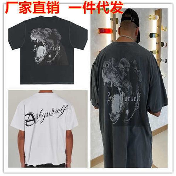 

hip hop high street dog head print old worn letter men's and women's round neck short sleeve t-shirt fashion, White;black