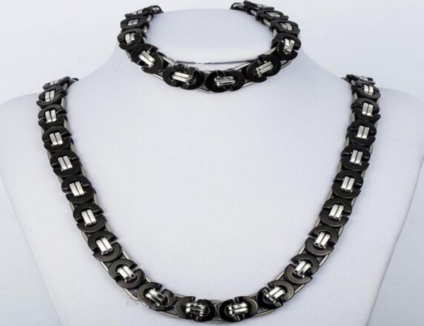 

quality jewlery set 8mm black silver flat byzantine chain necklace bracelet 316l stainless steel for husband father gift 7142350
